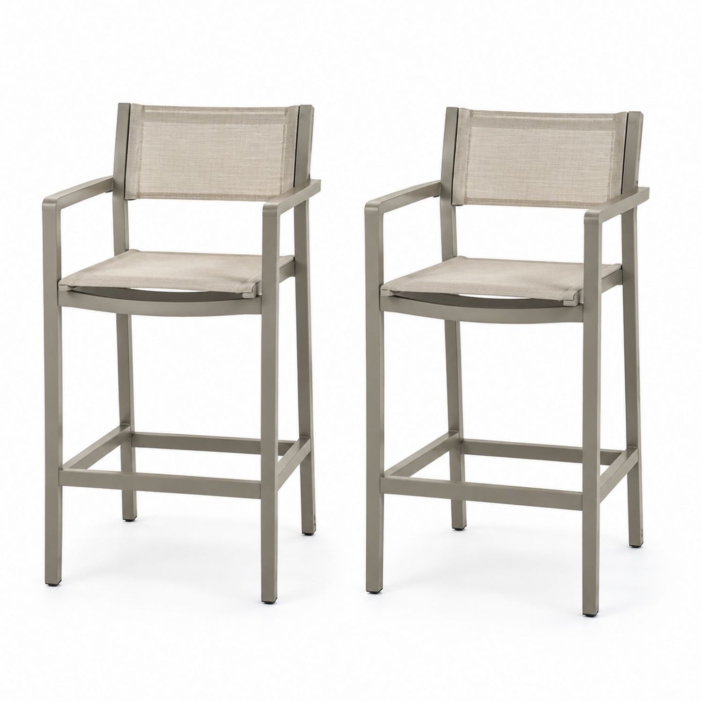 Set of 2 Aluminum Bar Stools with Beige Sling Fabric