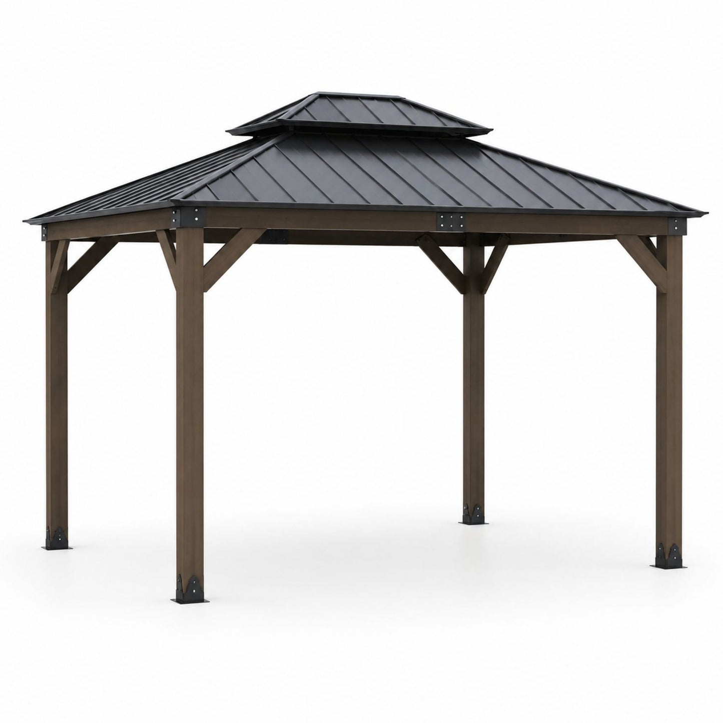 Gazebo en bois avec toit en aluminium marron 360 cm x 300 cm extérieur