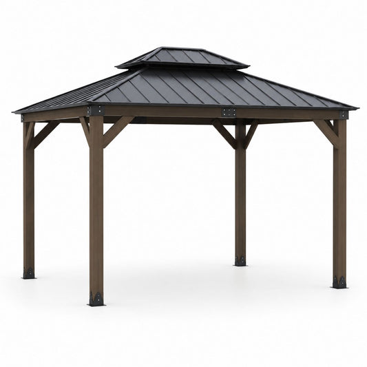 Wood Frame Gazebo with Aluminum Roof Brown 360 cm x 300 cm Outdoor