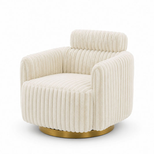 Beige Chenille Swivel Armchair with Brass Base