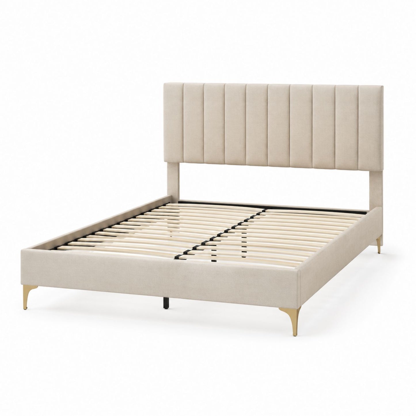 Fabric Upholstered Platform Bed with Metal and Wood Frame Beige Queen Size