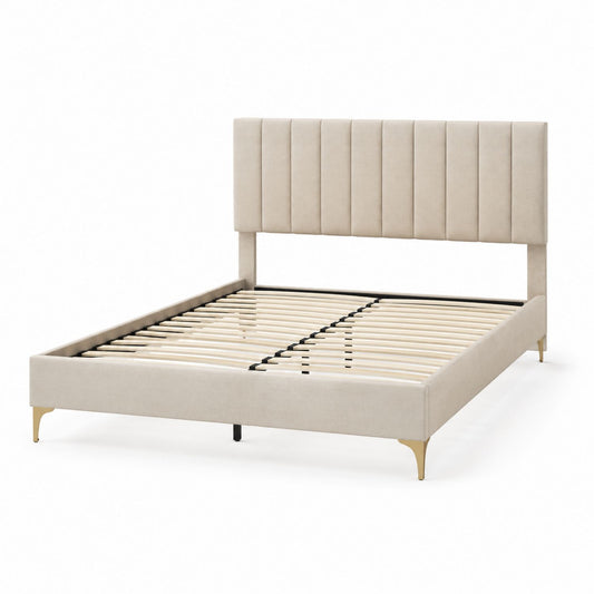 Fabric Upholstered Platform Bed with Metal and Wood Frame Beige Queen Size