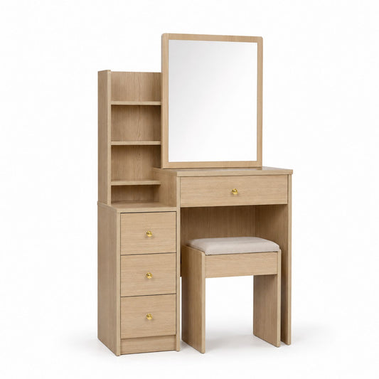 Oak Vanity Set with Stool and Mirror