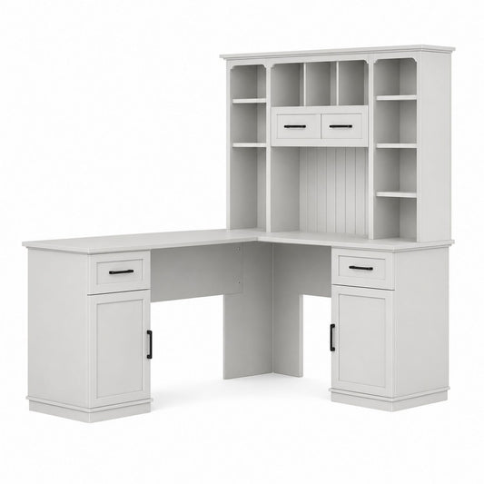 L-Shaped Desk with Hutch MDF White 61in x 61in x 71in