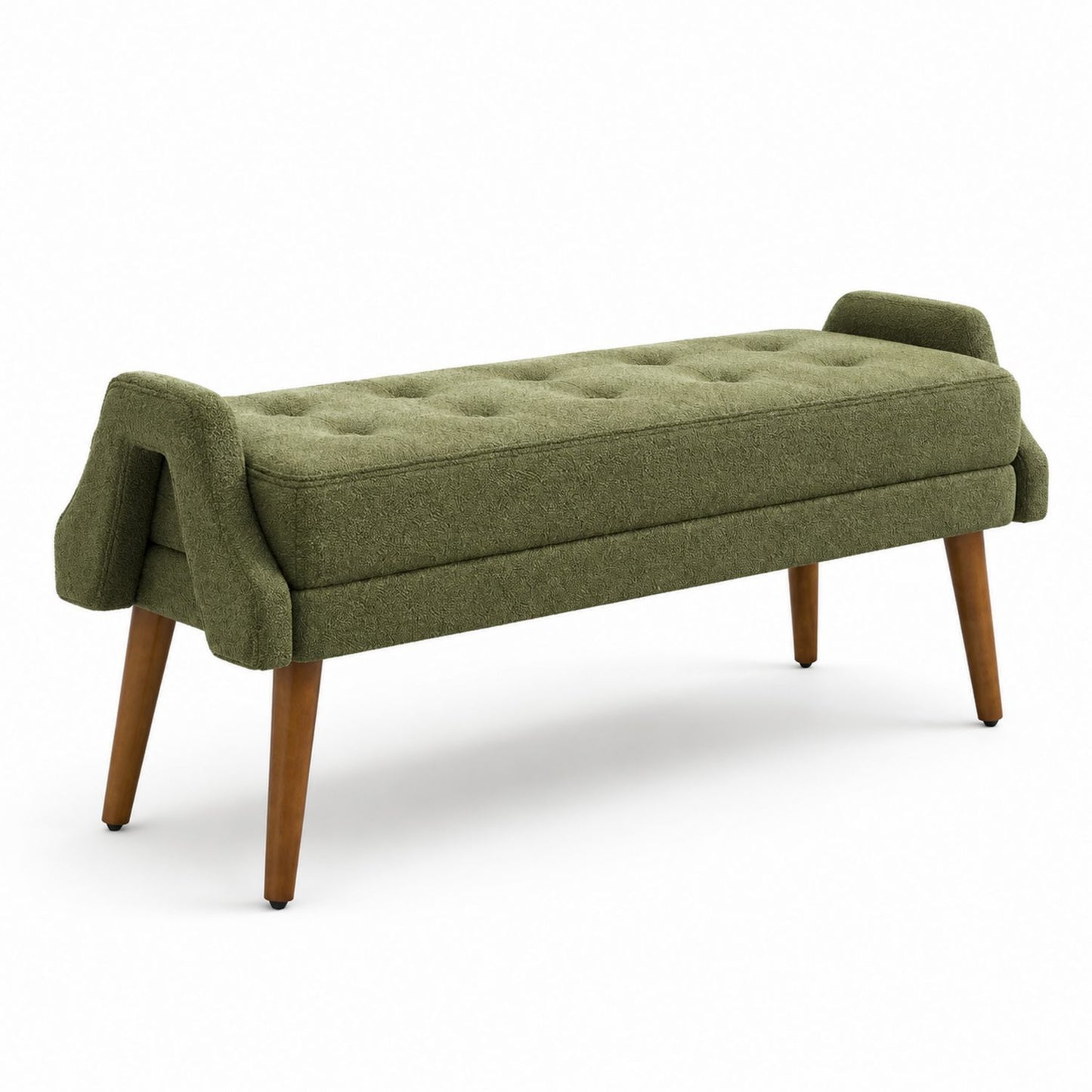 Banc rembourré en polyester vert olive avec pieds en bois 120cm