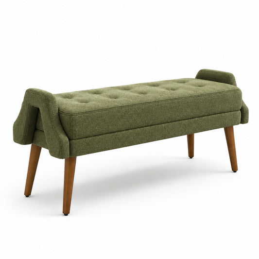 Banc rembourré en polyester vert olive avec pieds en bois 120cm